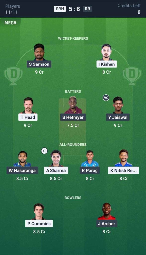 SRH vs RR Dream11 Prediction In Hindi