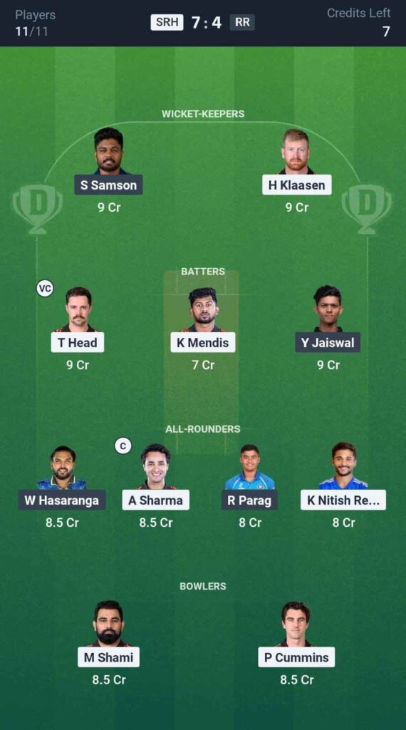 SRH vs RR Dream11 Prediction In Hindi